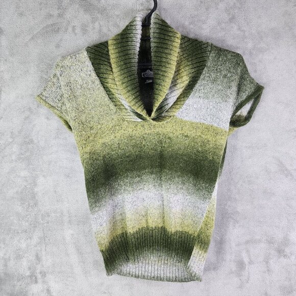 Womens Green & Grey Striped Knit Sweater By Angie Short Sleeve Cowl Neck Size L - Picture 2 of 10